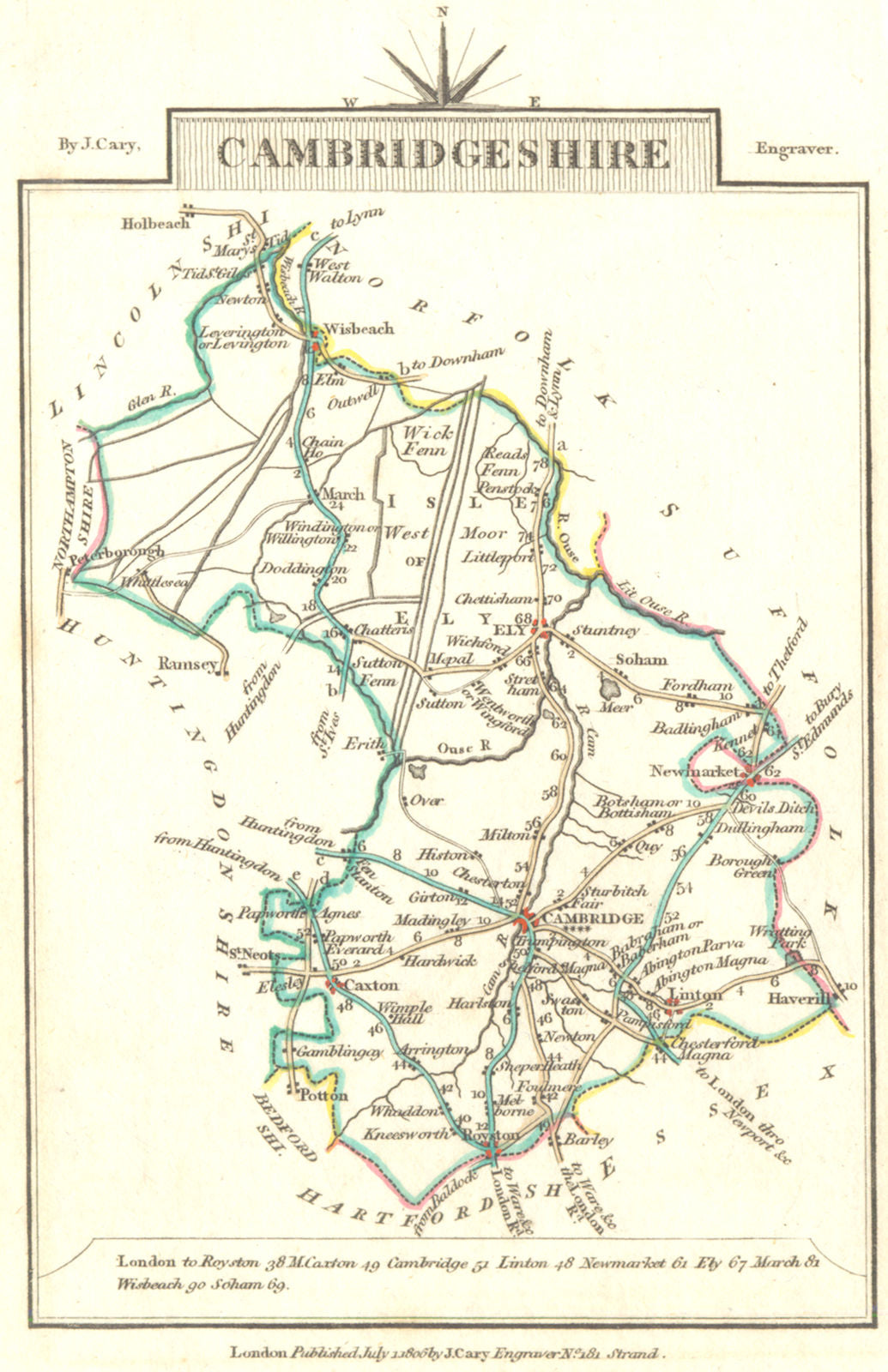 CAMBRIDGESHIRE. Cambs. Cary. Miniature. Original outline colour 1806 old map